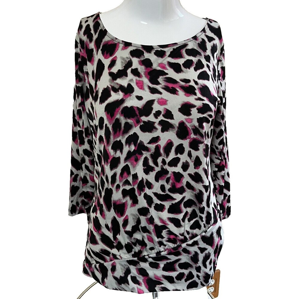 Anne Klein Leopard‎ Animal Print Blouse Small Bold Colored Stretch Tunic Office
